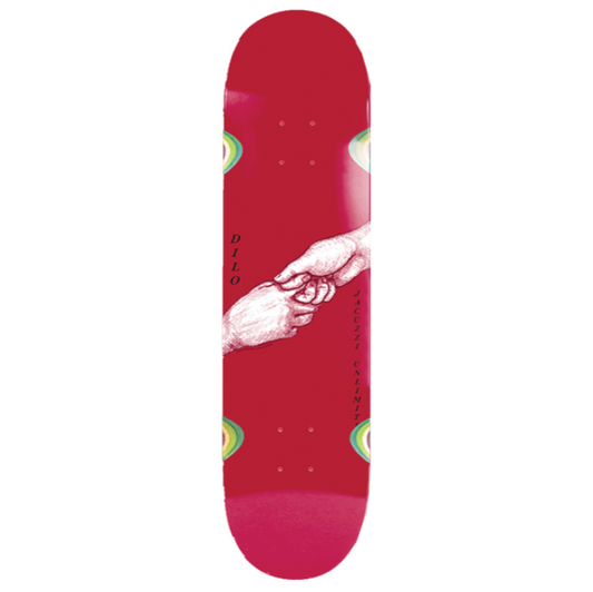 Red skateboard deck with a white graphic of hands on a white background