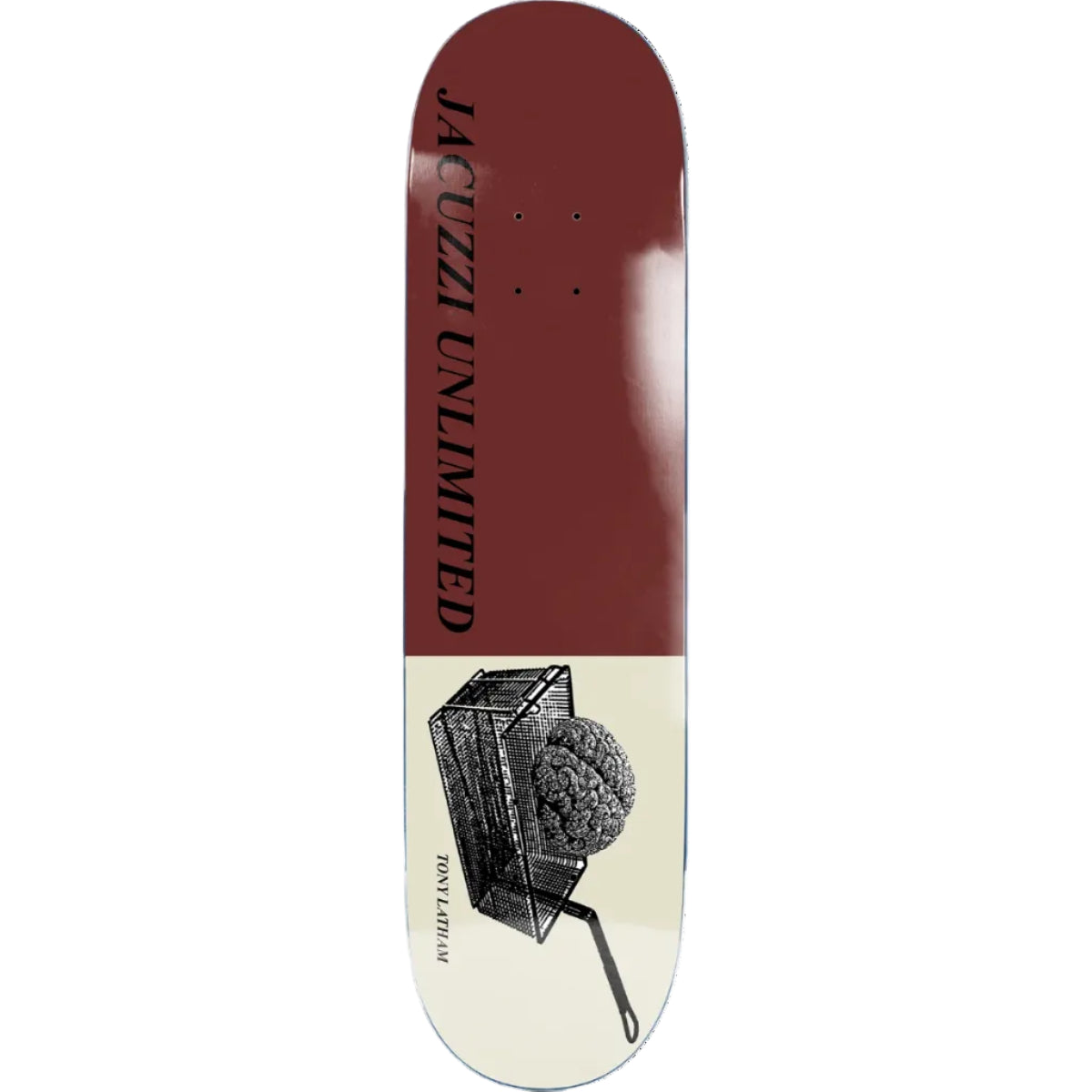 A skateboard deck with a split design: a dark reddish-brown top half with vertical black 'JACUZZI UNLIMITED' text, and a cream bottom half featuring a black-and-white illustration of a brain in a cage. The brand name 'JACUZZI' is clearly visible.