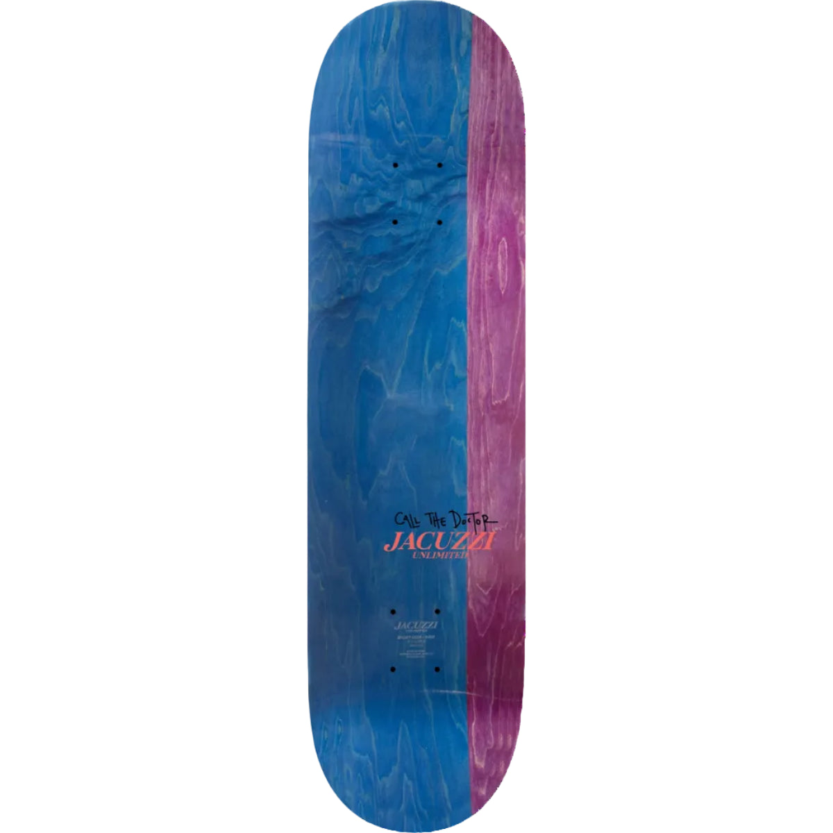 A skateboard deck shown from the top side, featuring a vertical split design with a blue and purple marbled woodgrain pattern. The deck has 'Call the Duffer' and 'JACUZZI' branding printed near the center.