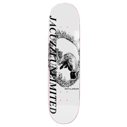 Skateboard deck with graphic design and text on a white background