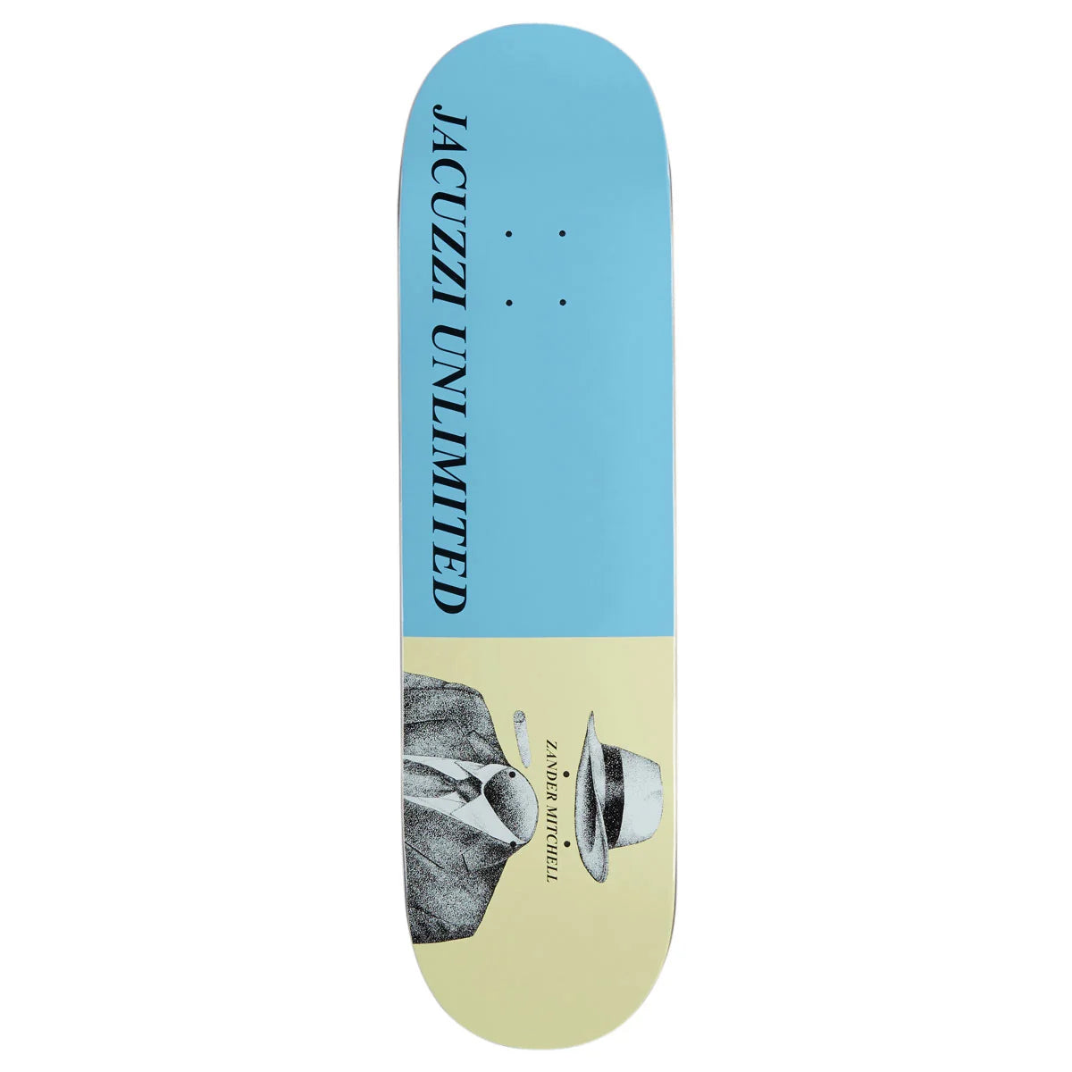 A skateboard deck shown vertically against a plain white background. The deck has a light blue upper section with the text 'JACUZZI UNLIMITED' printed in black, and a pale yellow lower section featuring a black-and-white illustration of a suited figure wearing a hat.