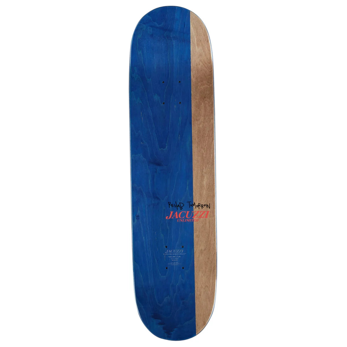 A skateboard deck shown vertically against a plain white background, featuring a dual-color wood grain design with a vibrant blue side and a natural brown side. The brand name 'JACUZZi' is printed in red and black near the center.