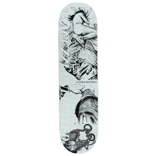 Skateboard deck with black and white artistic design on a white background