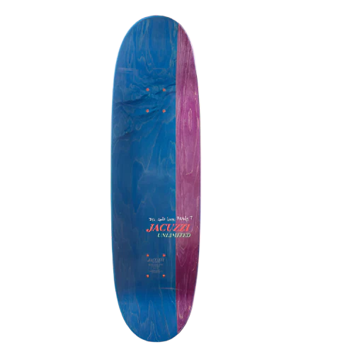 Blue and purple skateboard deck with 'Jacuzzi Unlimited' branding on a white background
