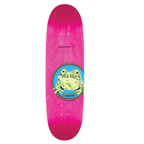 Skateboard deck with a pink finish and frog graphic on a white background