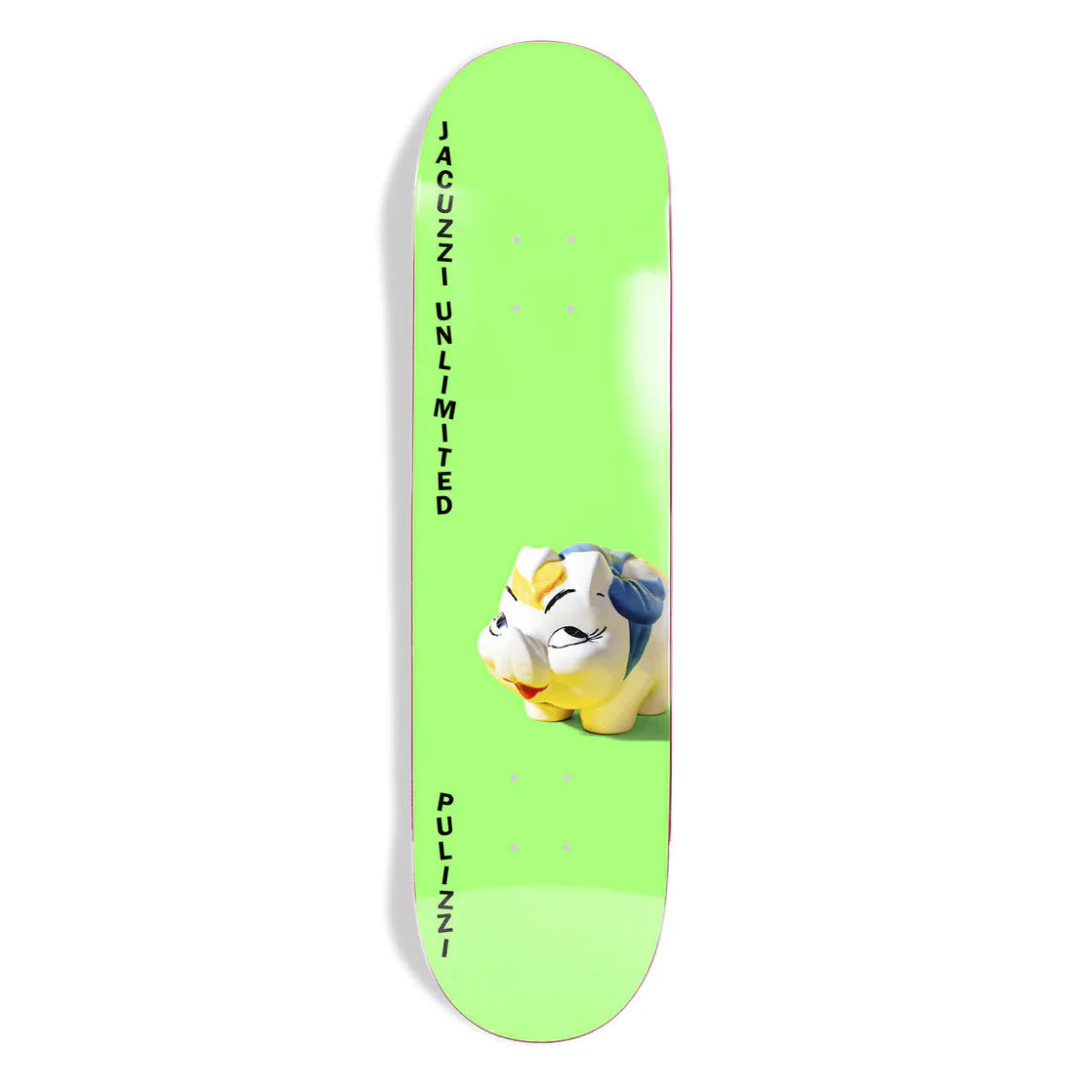 Green skateboard deck with a small figurine and branding on a white background