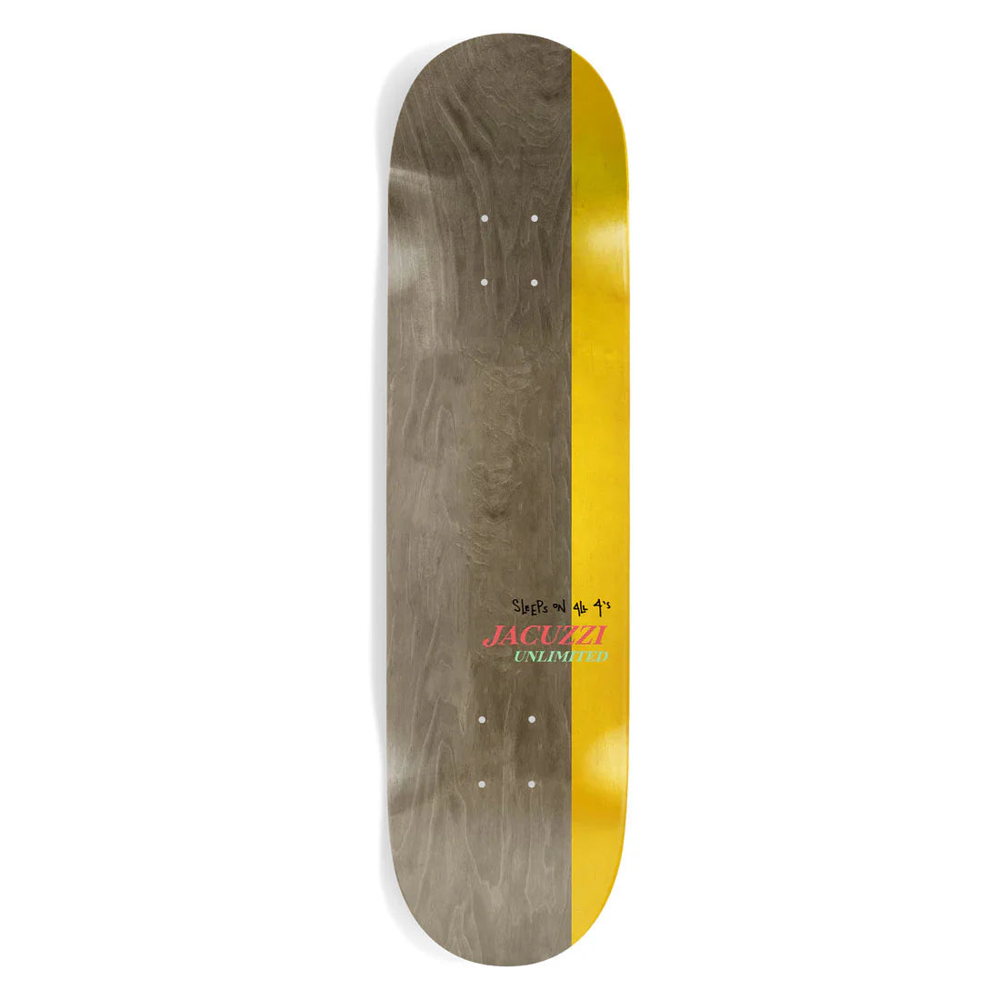 Skateboard deck with wooden texture and yellow stripe on a white background