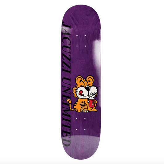 Purple skateboard deck with a cartoon tiger design on a white background