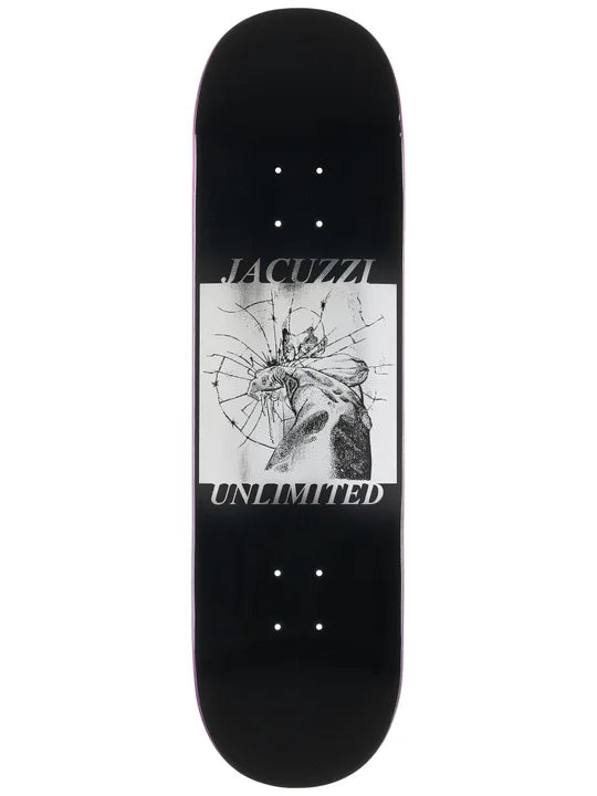 Skateboard deck with black and white design on a white background