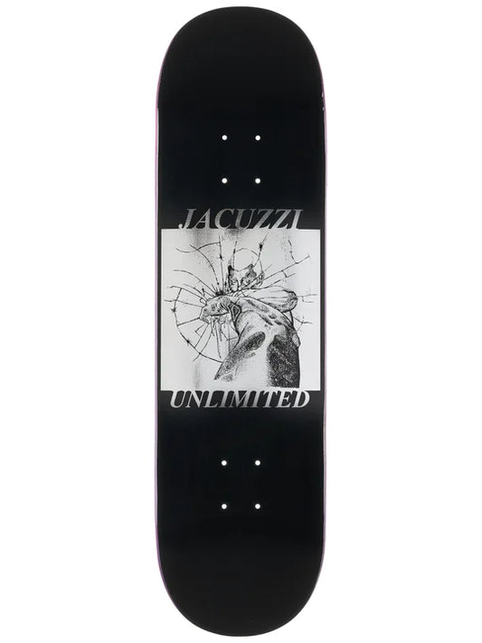 Skateboard deck with black and white design on a white background