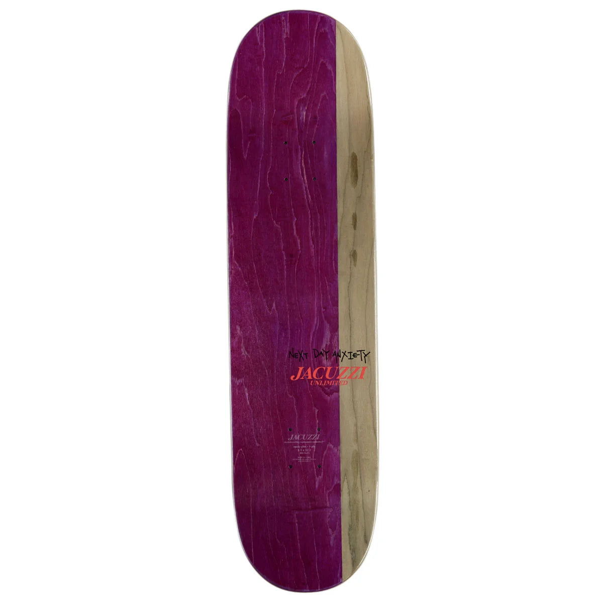 A skateboard deck shown vertically against a plain white background, featuring a split design with a dark purple wood-grain finish on the left and a natural light wood-grain finish on the right. The brand name 'JACOBS' is printed in red and black near the center.