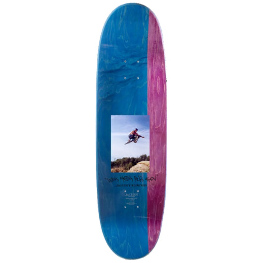 Blue and pink skateboard deck with a graphic of a person skateboarding.