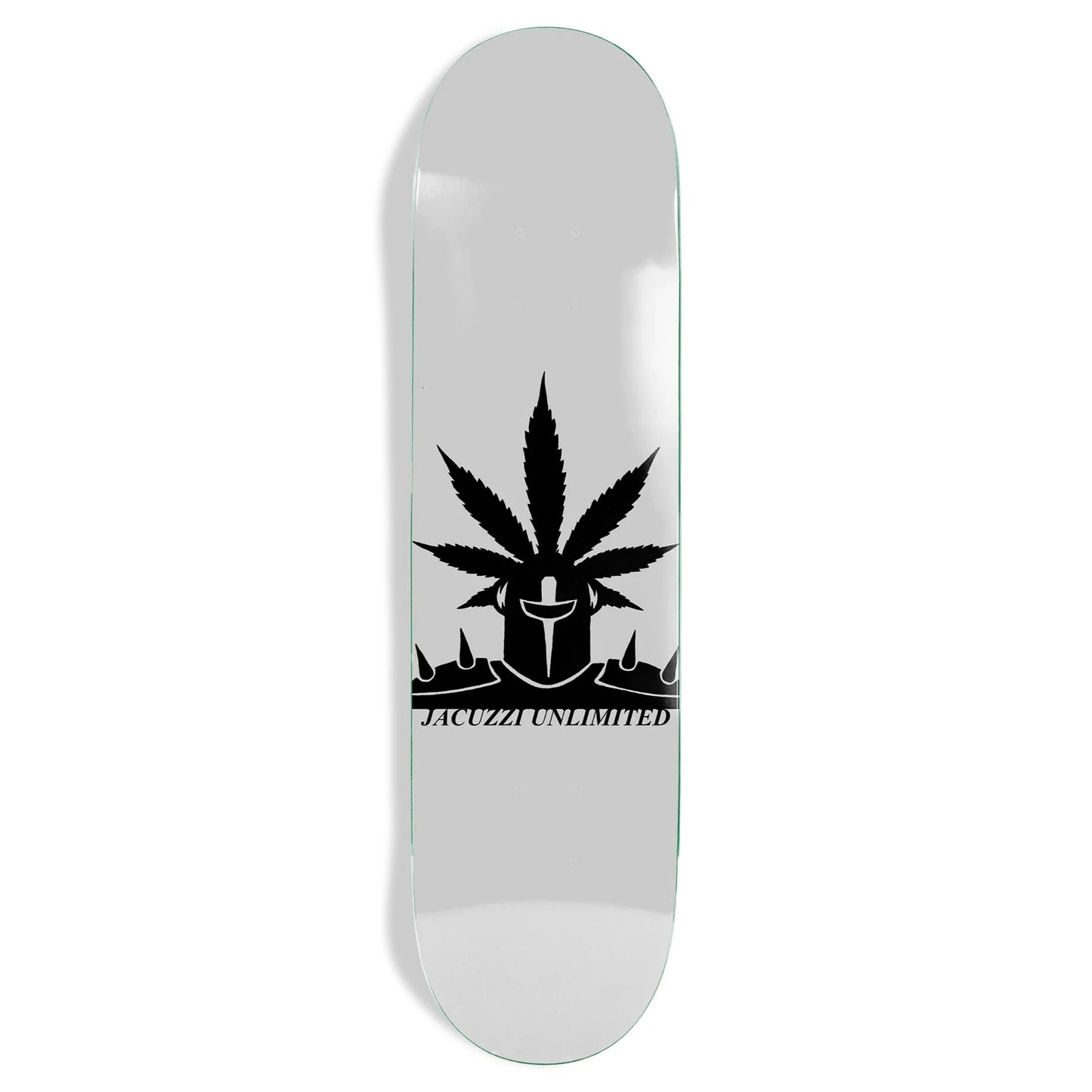 Skateboard deck with a black cannabis leaf design on a white background