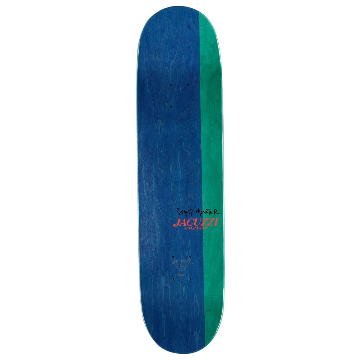 A vertical skateboard deck shown against a plain white background, featuring a blue wood-grain finish on the left side and a green side stripe, with the Jacuzzi Skateboards logo printed near the center.