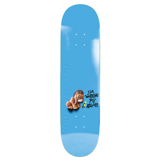 Blue skateboard deck with a horse graphic and text on a white background