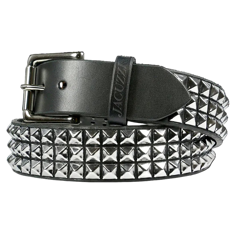 Black leather belt with studded design on a white background