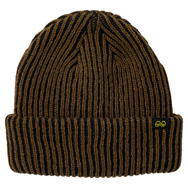 Brown ribbed knit beanie with a logo on a white background