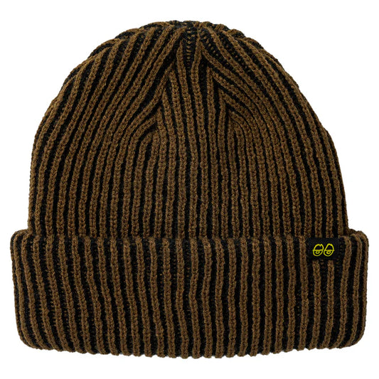 Brown ribbed knit beanie with a logo on a white background
