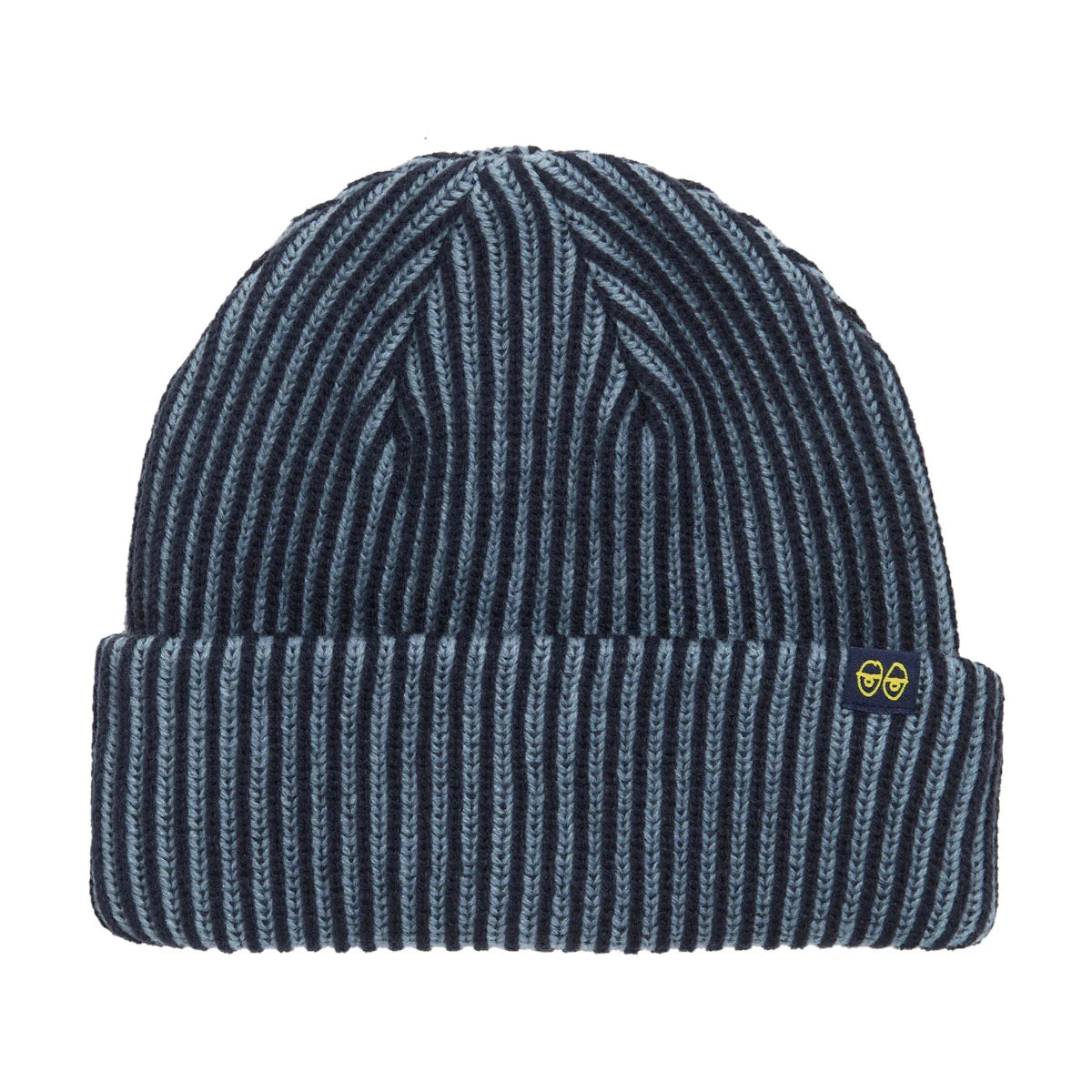 A navy blue and gray striped knit beanie hat with a small yellow embroidered logo on the cuff, shown against a plain white background.