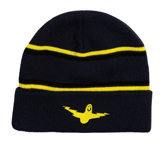 Black beanie with yellow stripes and a smiley face design on a white background