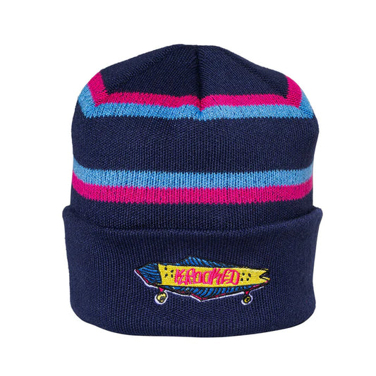 Navy blue beanie with pink and blue stripes and a colorful embroidered logo on a white background