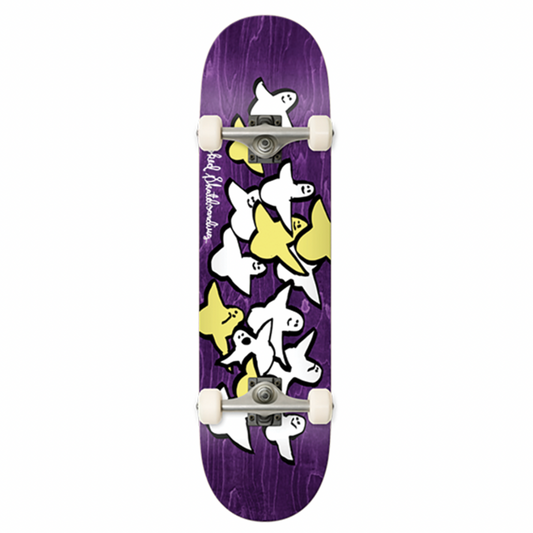 Purple skateboard with white and yellow designs on a white background