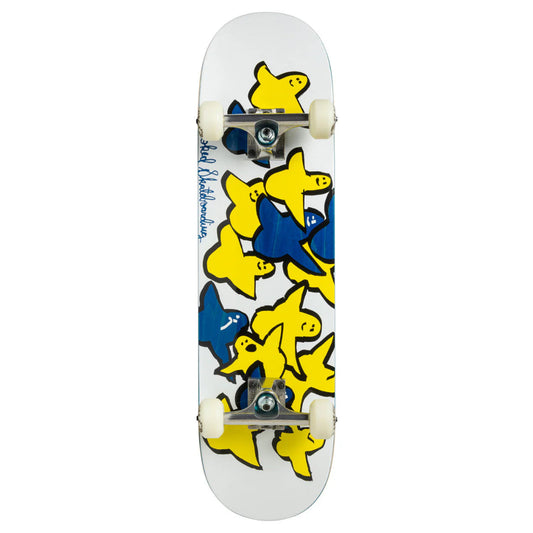 Skateboard with yellow and blue star designs on a white background