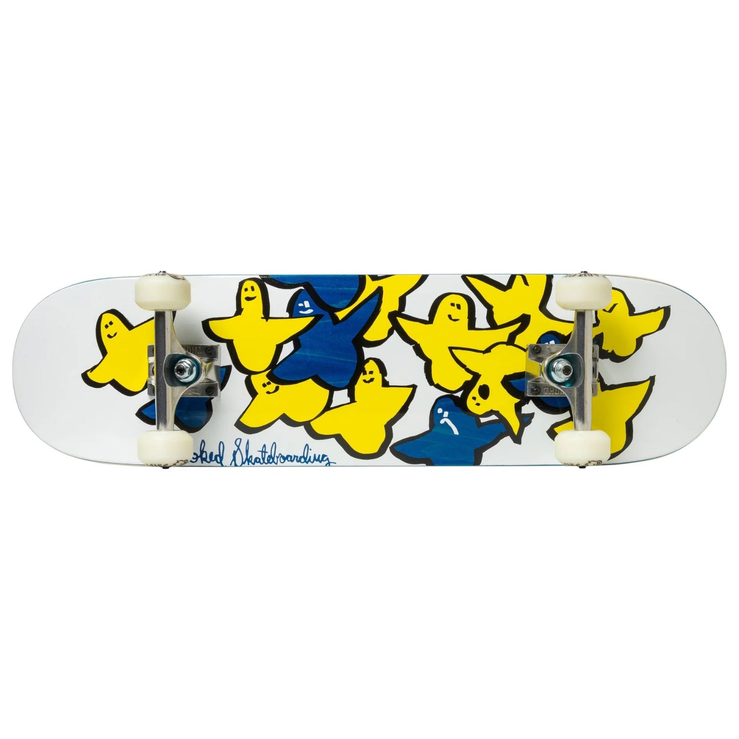 A skateboard deck featuring a white base with a graphic pattern of yellow and blue cartoon birds outlined in black, shown from a top-down view on a white background.