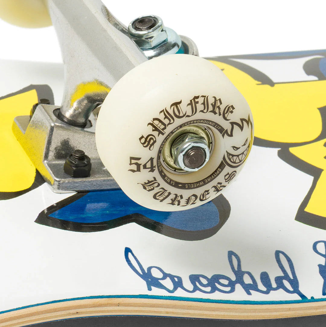 Close-up of a skateboard with a visible brand logo and text.