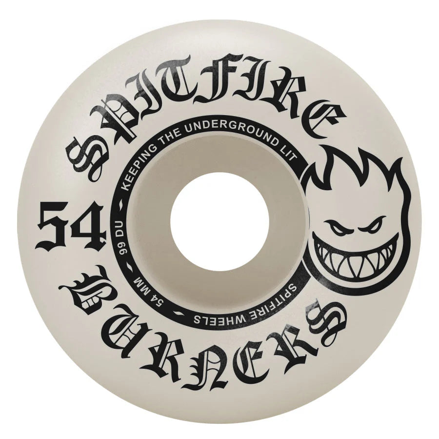 Spitfire skateboard wheel with black text and design on a white background