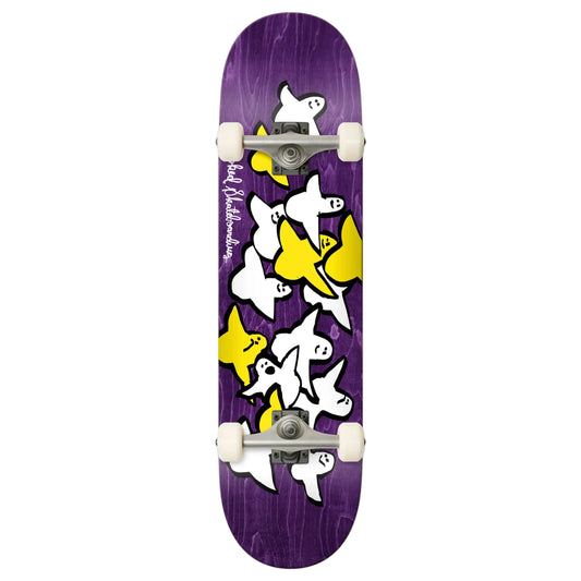 A purple skateboard deck featuring a graphic pattern of white and yellow cartoon ghosts, with visible white wheels and silver trucks, shown against a plain white background.