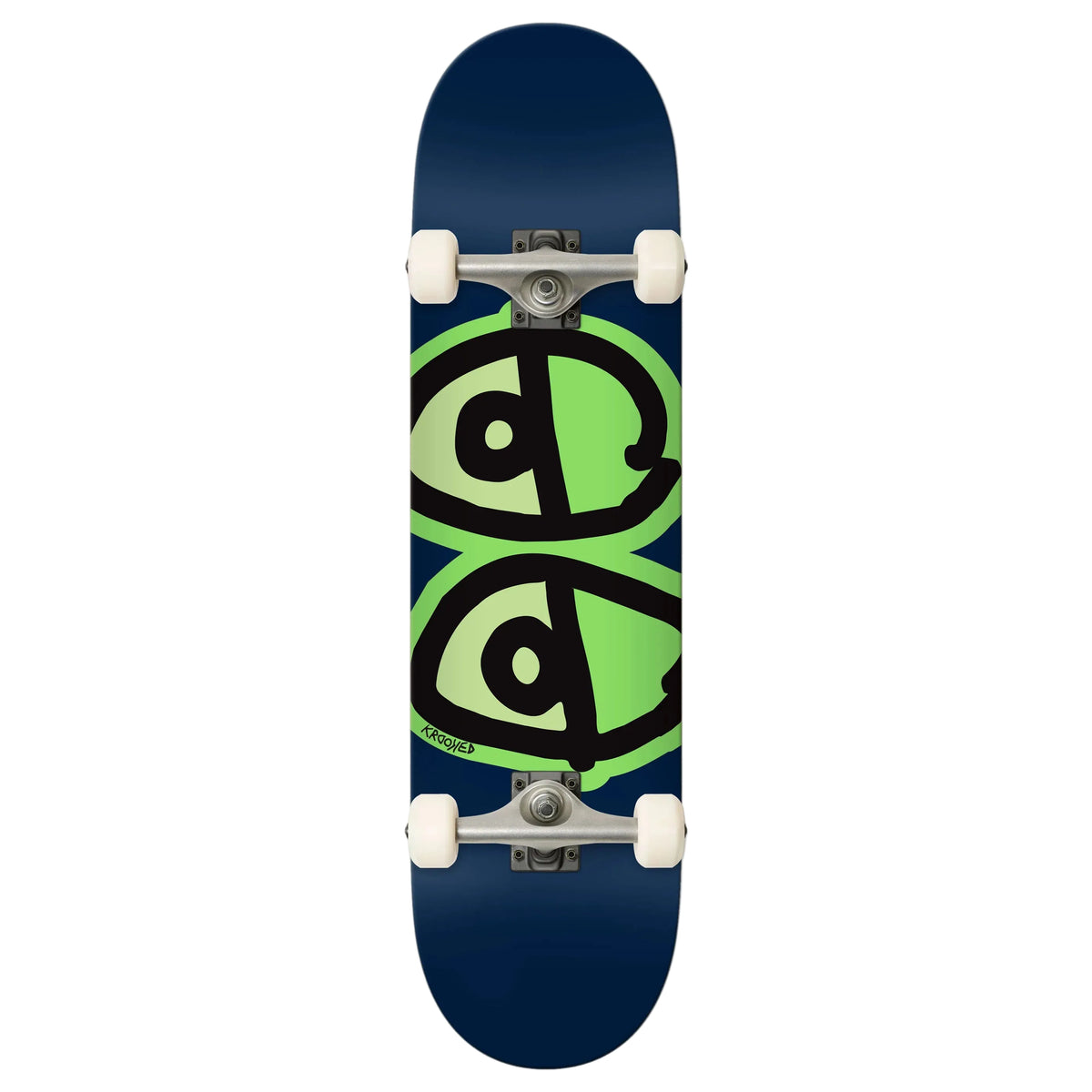 A skateboard shown vertically against a white background, featuring a dark navy blue deck with a large green and black stylized graphic on the underside, mounted with white wheels and silver trucks.