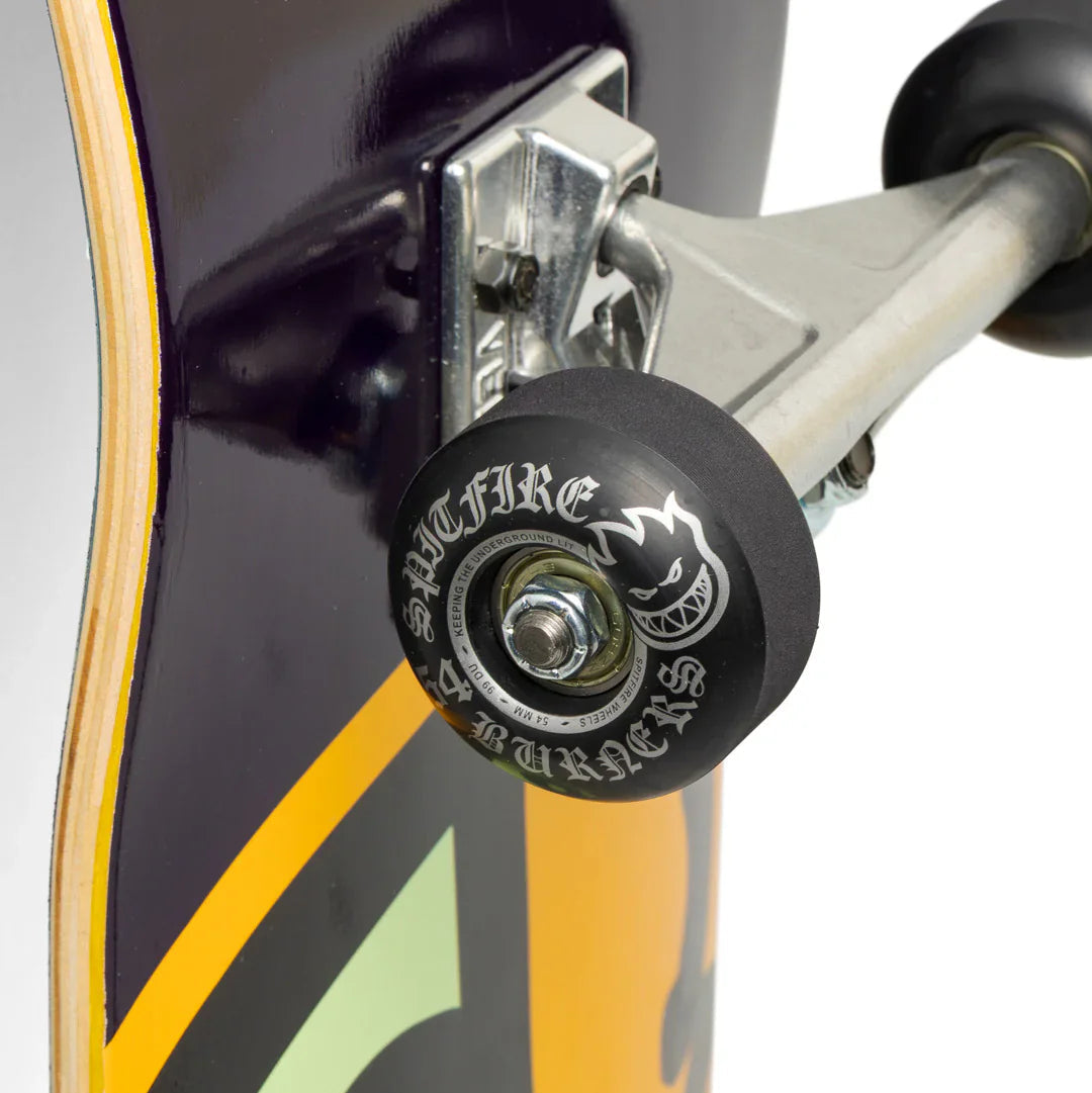 Close-up of a skateboard with visible branding on the wheel.