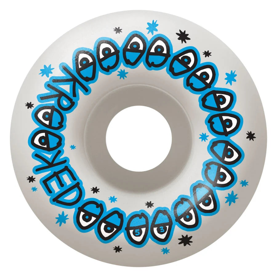 Skateboard wheel with blue and black eye design on a white background