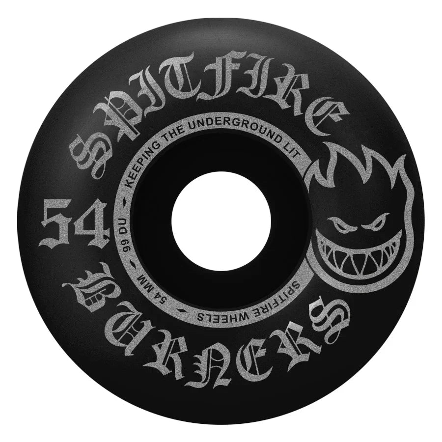 Black Spitfire skateboard wheel with white text on a white background