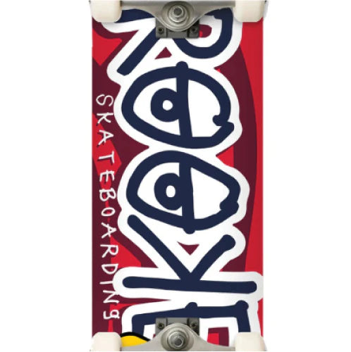 Skateboard deck with a red and white design and text on a white background