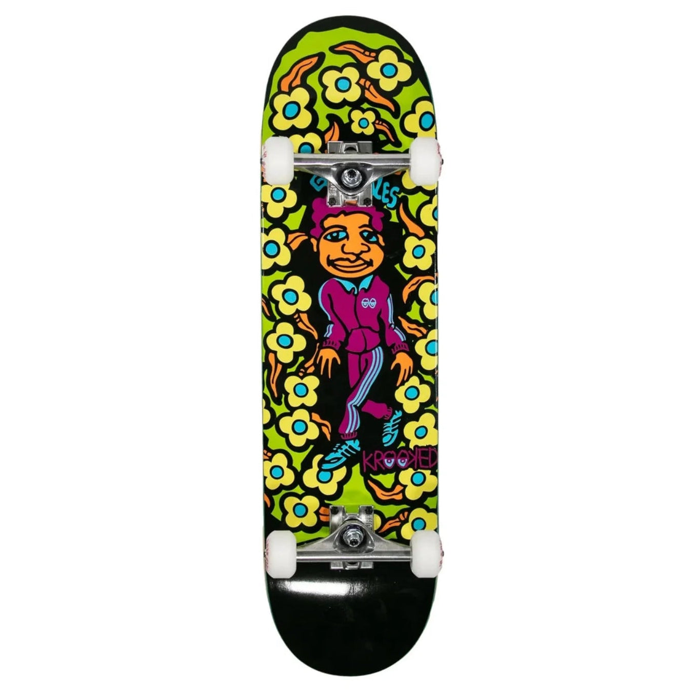Colorful skateboard deck with a cartoon character and floral patterns on a white background