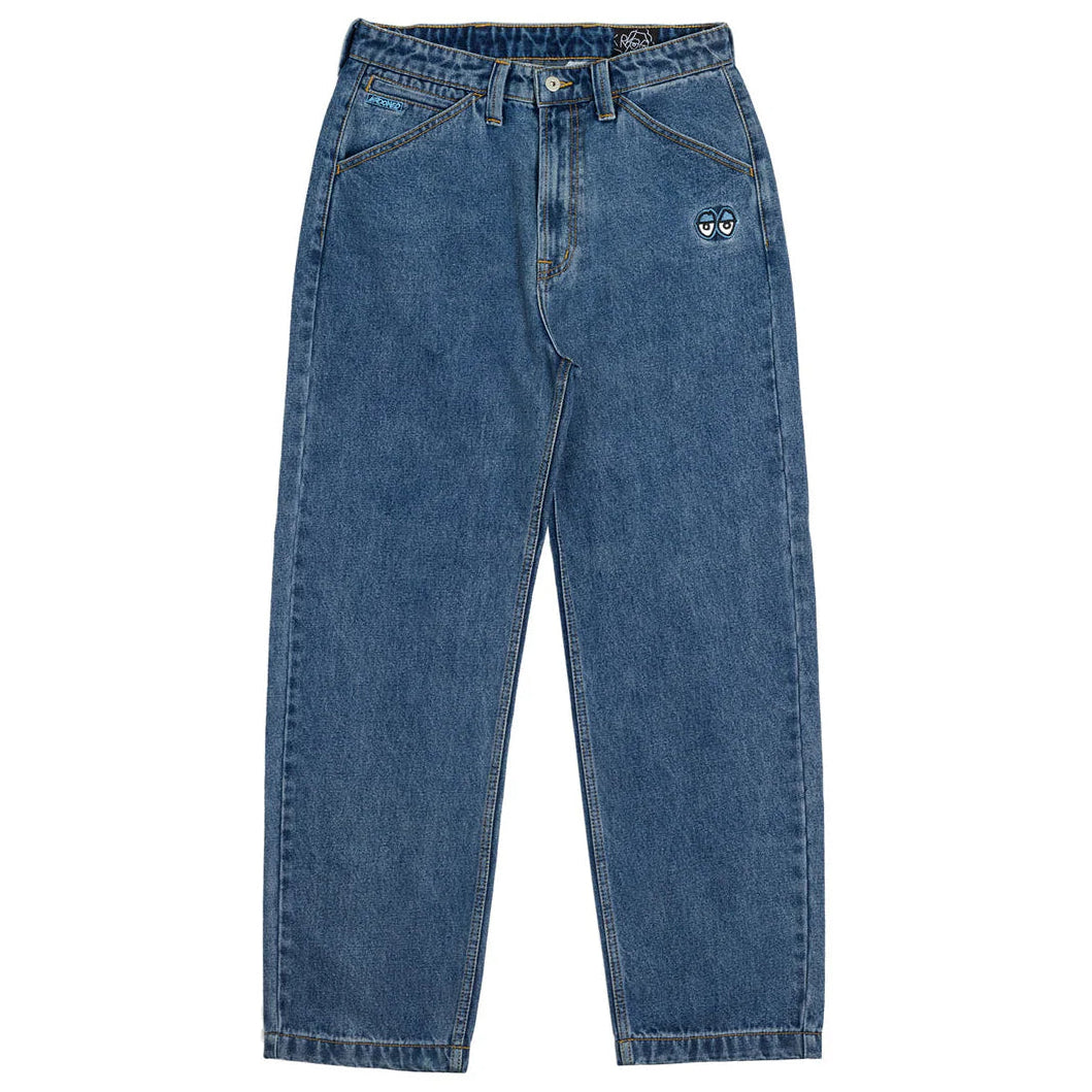 Blue jeans with a brand logo on a white background