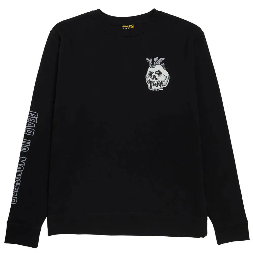 Black sweatshirt with a skull design on the chest and text on the sleeve, on a white background.