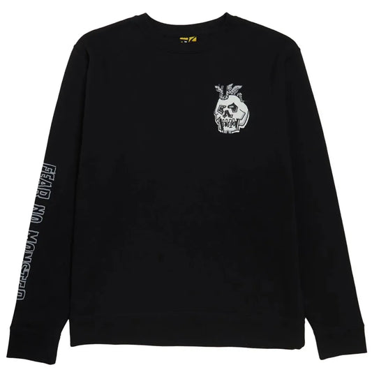 Black sweatshirt with a skull design on the chest and text on the sleeve, on a white background.