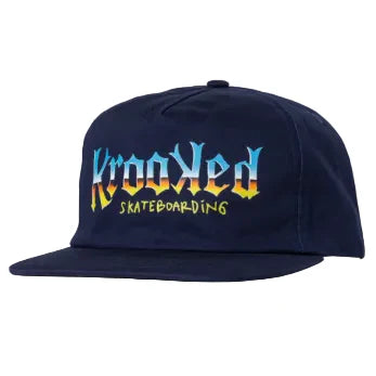 Navy blue cap with colorful ' Krooked Skateboarding' logo on a white background