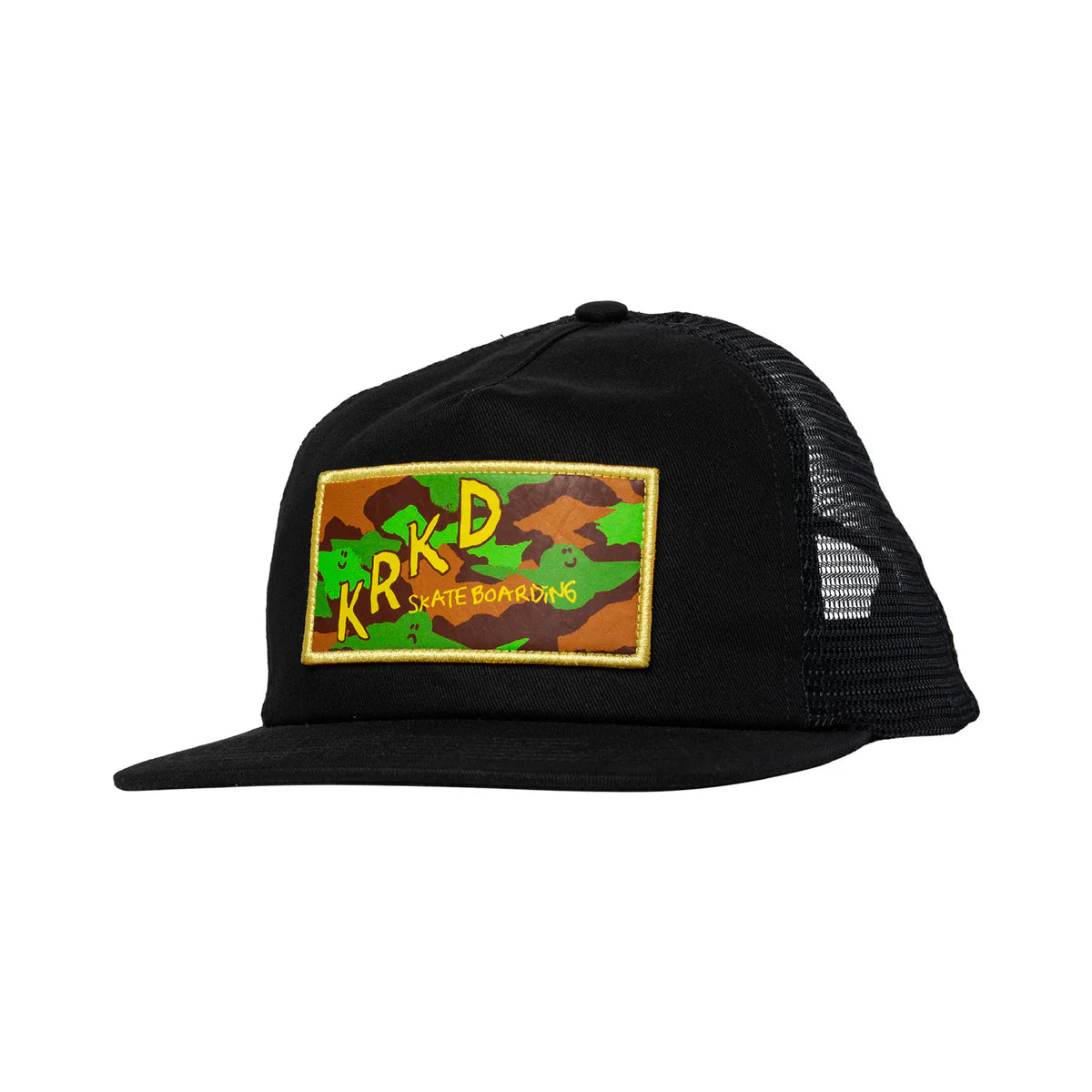 Black trucker cap with a camouflage patch featuring 'KRKD' on a white background