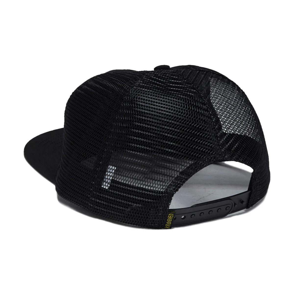 Black trucker hat with a black mesh back and flat brim, shown from a rear three-quarter angle on a white background.