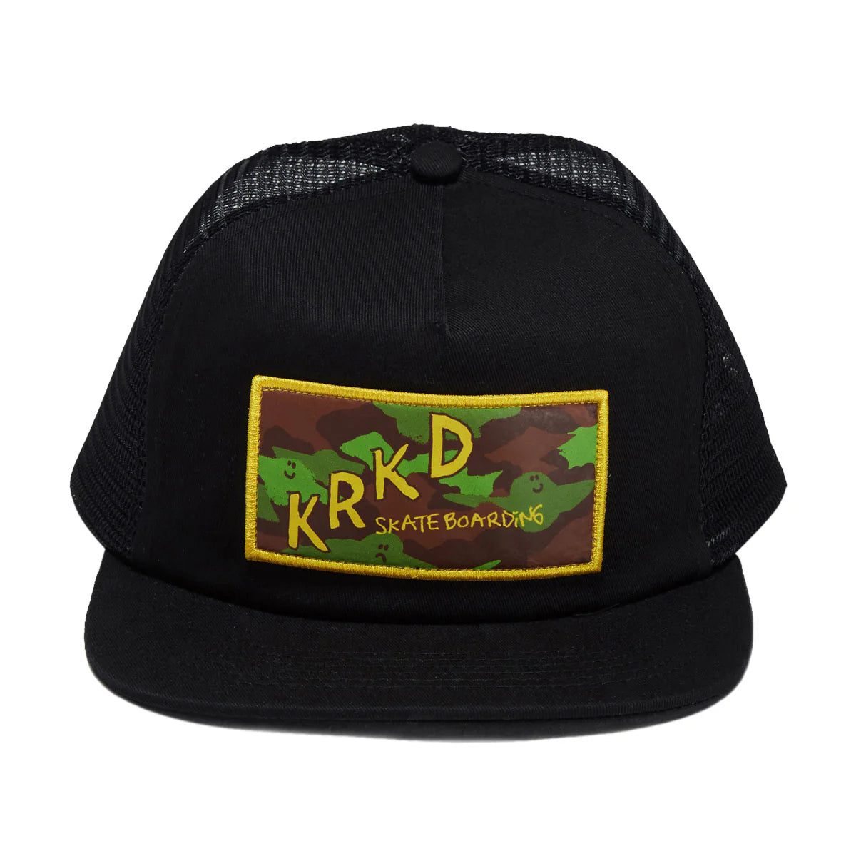 A black trucker hat with a camouflage patch on the front that reads 'KRKD SKATEBOARDING' in yellow letters, shown against a plain white background.