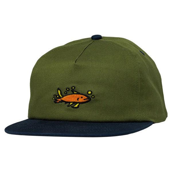 Green cap with an embroidered fish design on a white background