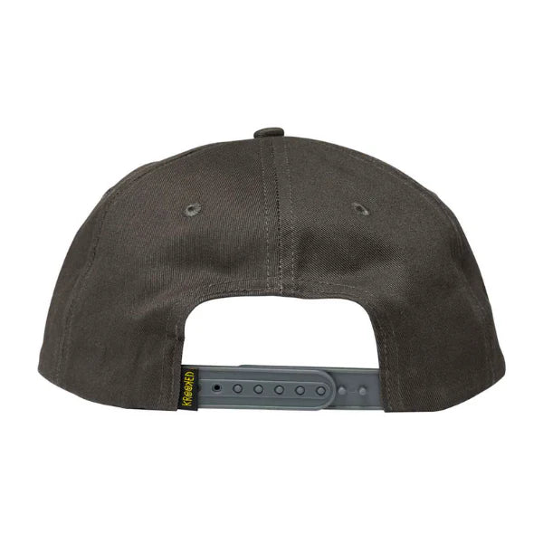 Back view of a dark gray cap with a visible brand logo on a white background