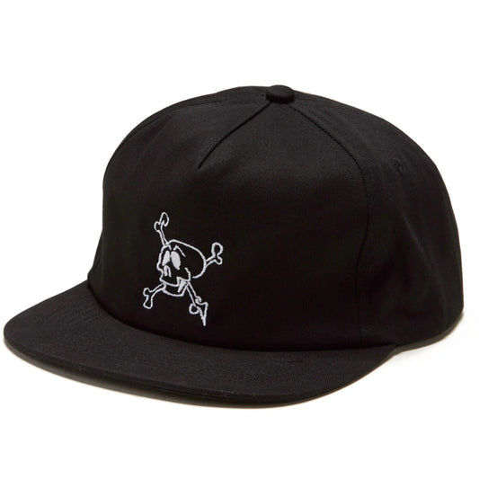 Black cap with a white skull and crossbones design on a white background