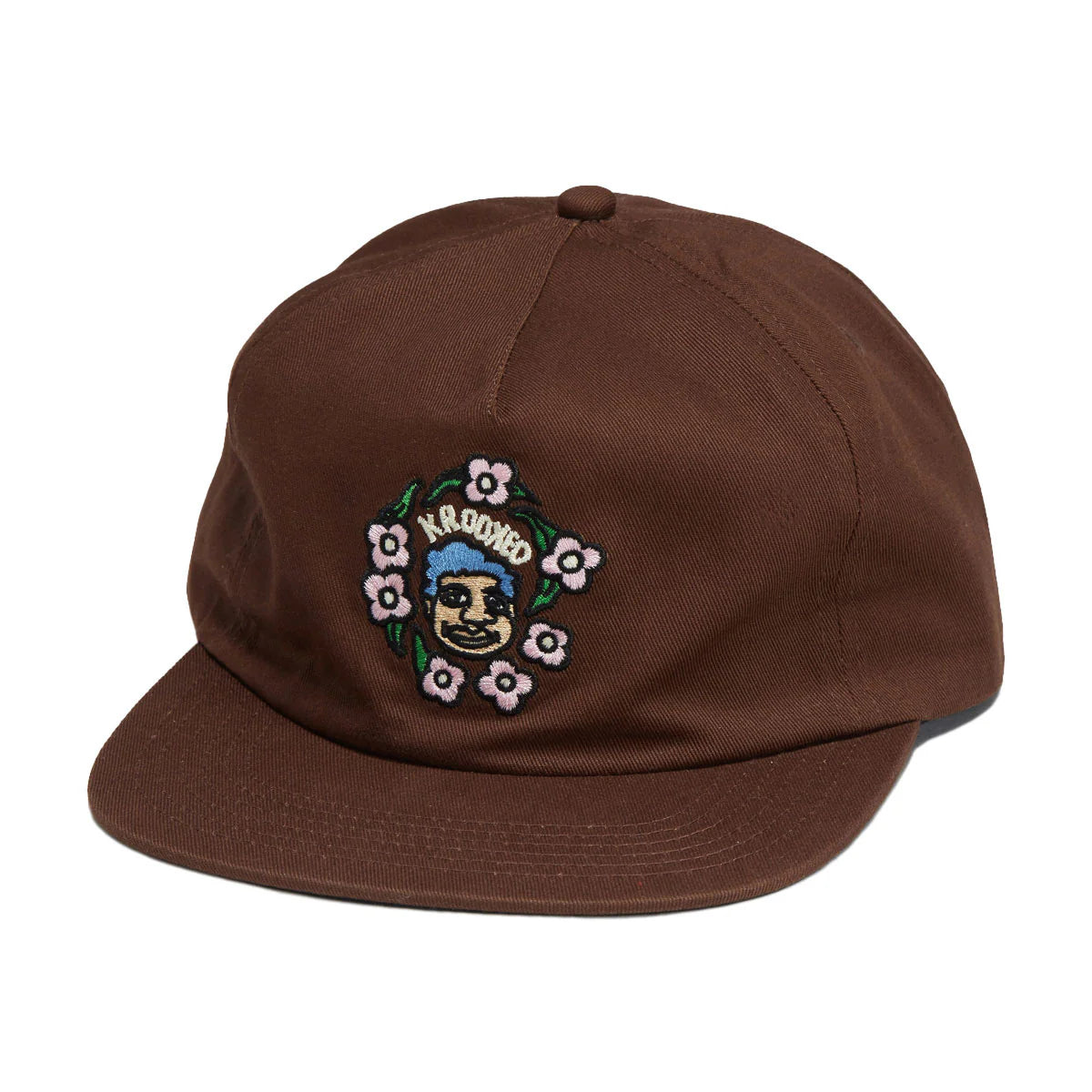 Brown cap with embroidered design on a white background