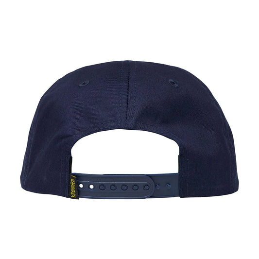 Navy blue cap with a brand logo on the strap against a white background