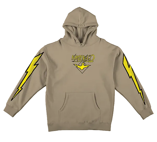 Beige hoodie with yellow lightning bolt designs on a white background